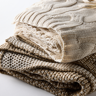 Khaki & Cream Reversible Cotton Throw - Bee Knit