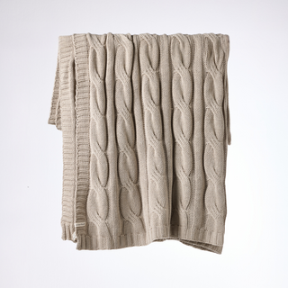 Cable knit cotton throw - linen colour