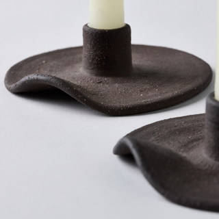 Set of textured deep charcoal ceramic candlesticks