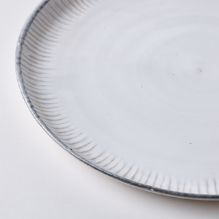 Round Ceramic Platter - Natural Vanilla with a Quarry Grey, Ridged Rim