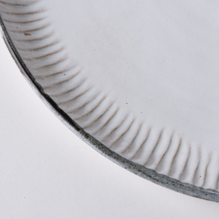 Round Ceramic Platter - Natural Vanilla with a Quarry Grey, Ridged Rim